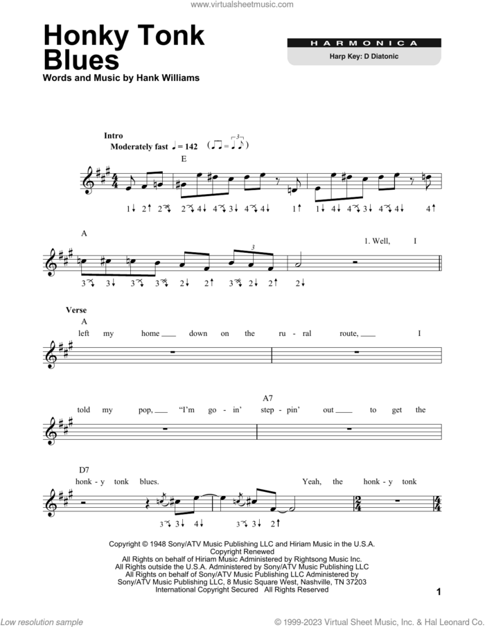 Honky Tonk Blues sheet music for harmonica solo by Hank Williams, intermediate skill level