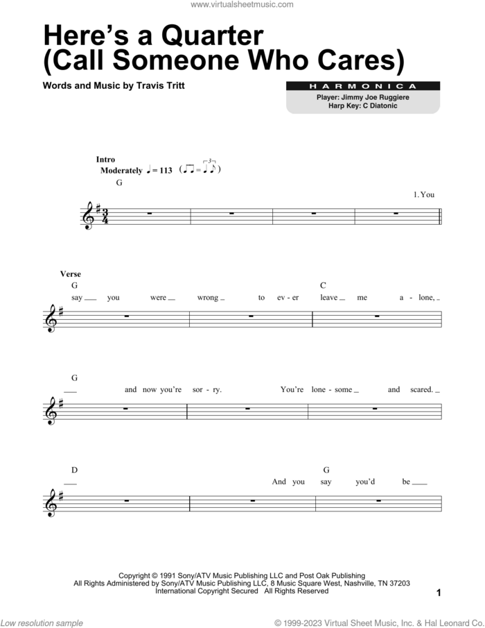 Here's A Quarter (Call Someone Who Cares) sheet music for harmonica solo by Travis Tritt, intermediate skill level