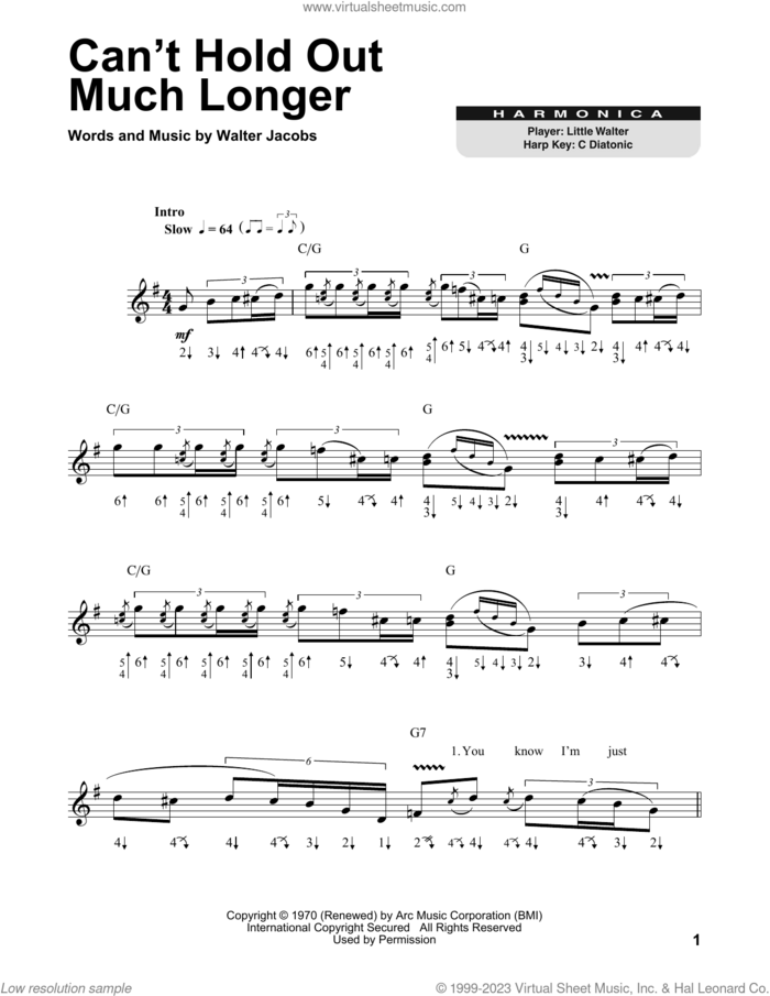 Can't Hold Out Much Longer sheet music for harmonica solo by Little Walter and Walter Jacobs, intermediate skill level
