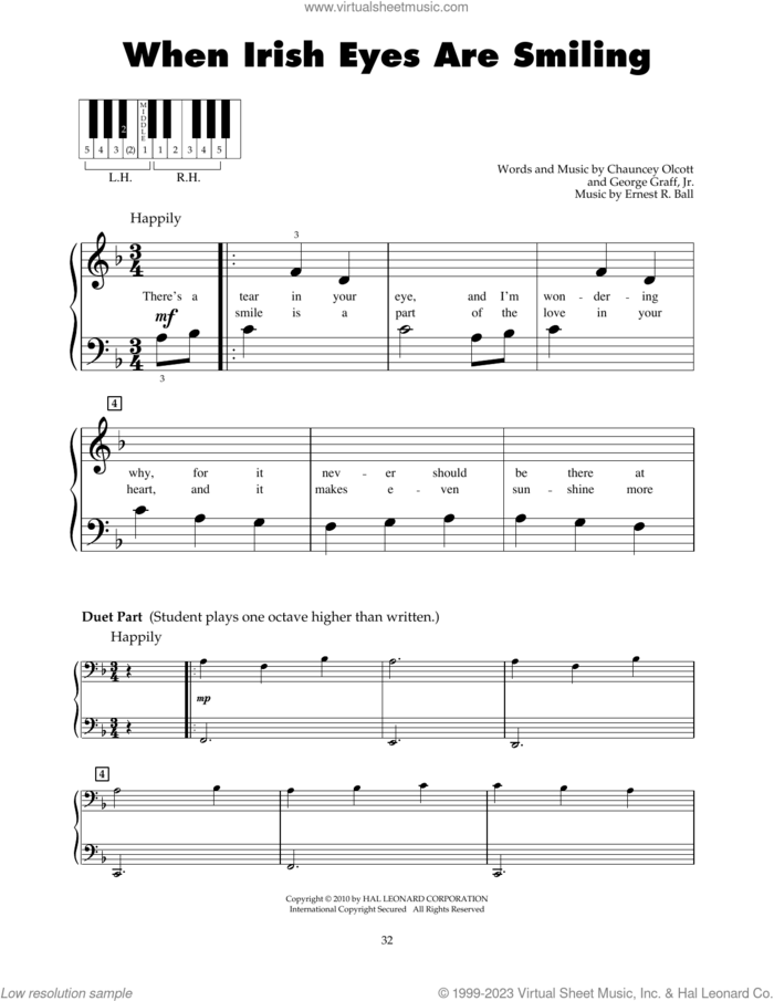 When Irish Eyes Are Smiling sheet music for piano solo (5-fingers) by Chauncey Olcott, Ernest R. Ball and George Graff Jr., beginner piano (5-fingers)