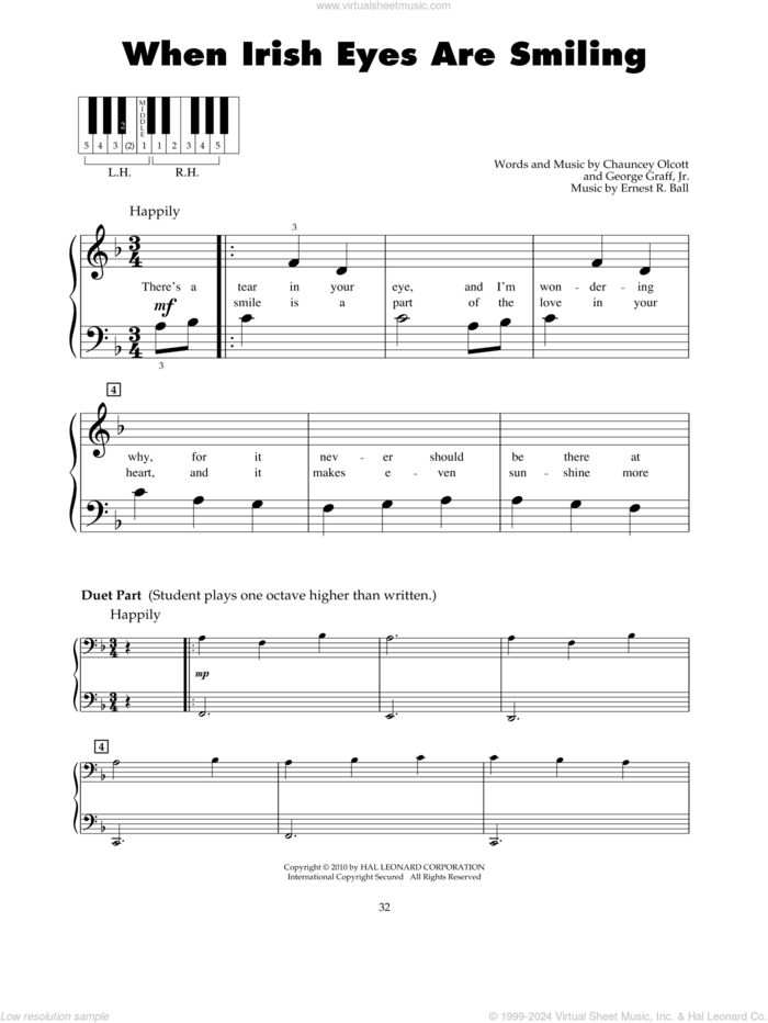 When Irish Eyes Are Smiling sheet music for piano solo (5-fingers) by Chauncey Olcott, Ernest R. Ball and George Graff Jr., beginner piano (5-fingers)