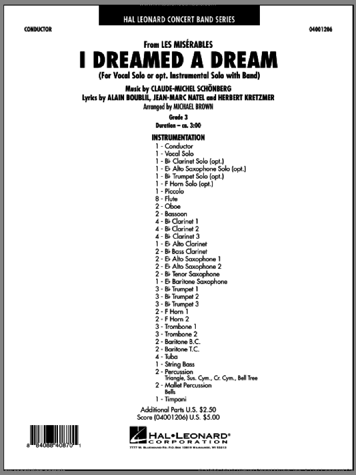 I Dreamed a Dream (from 'Les Miserables') (COMPLETE) sheet music for concert band by Alain Boublil, Claude-Michel Schonberg, Herbert Kretzmer, Jean-Marc Natel and Michael Brown, intermediate skill level