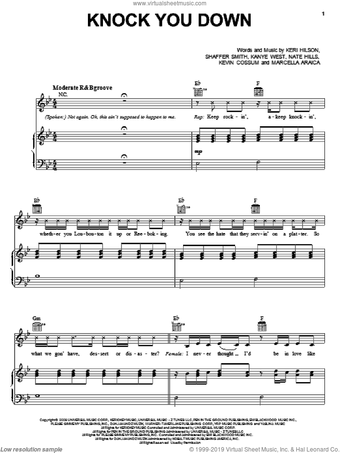Knock You Down sheet music for voice, piano or guitar by Keri Hilson featuring Kanye West & Ne-Yo, Ne-Yo, Kanye West, Keri Hilson, Kevin Cossum, Marcella Araica, Nate Hills and Shaffer Smith, intermediate skill level