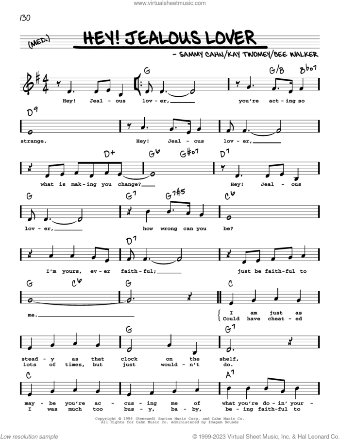 Hey! Jealous Lover (Low Voice) sheet music for voice and other instruments (low voice) by Sammy Cahn, Bee Walker and Kay Twomey, intermediate skill level