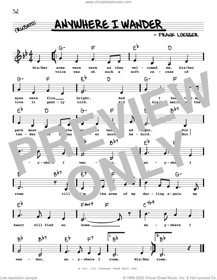 Anywhere I Wander (Low Voice) sheet music for voice and other instruments (low voice) by Frank Loesser, intermediate skill level