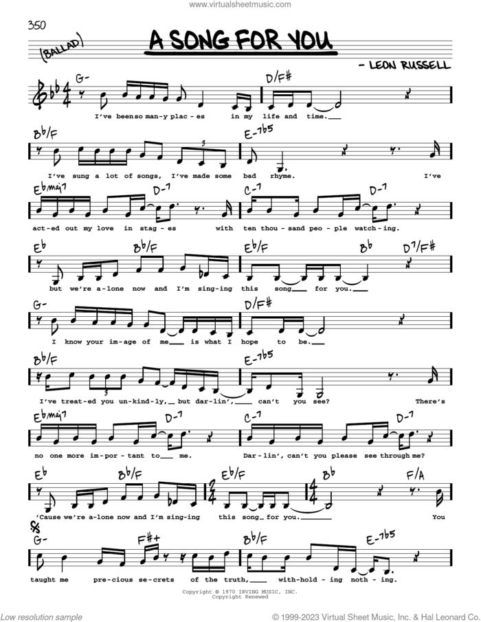 A Song For You (Low Voice) sheet music for voice and other instruments (low voice) by Leon Russell, Carpenters and Whitney Houston, intermediate skill level