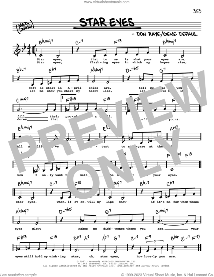Star Eyes (Low Voice) sheet music for voice and other instruments (low voice) by Charlie Parker, Don Raye and Gene DePaul, intermediate skill level