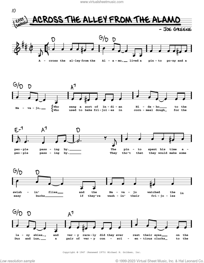Across The Alley From The Alamo (Low Voice) sheet music for voice and other instruments (low voice) by Joe Greene, intermediate skill level