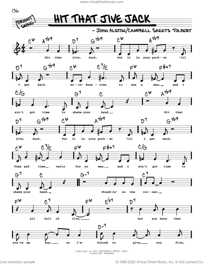 Hit That Jive Jack (Low Voice) sheet music for voice and other instruments (low voice) by John Alston and Campbell Skeets Tolbert, intermediate skill level