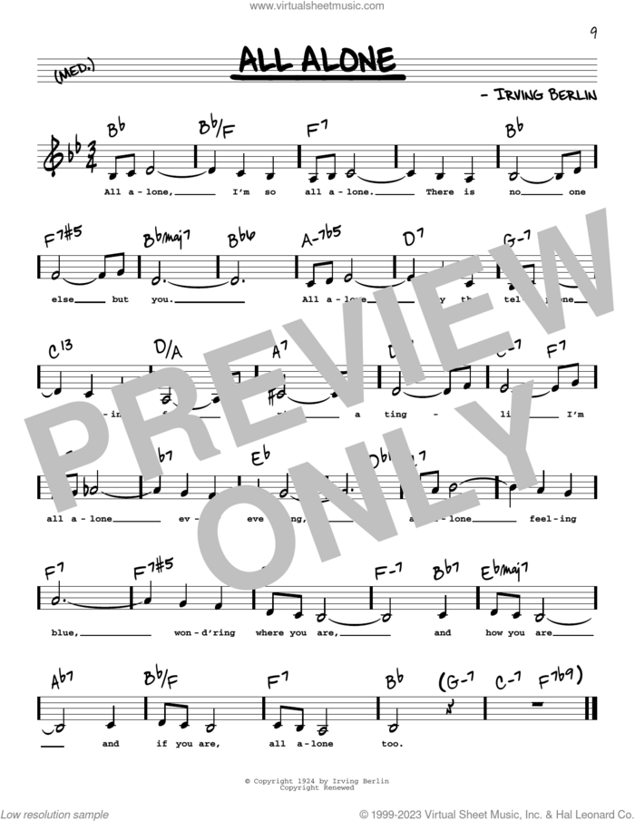 All Alone (Low Voice) sheet music for voice and other instruments (low voice) by Irving Berlin, intermediate skill level