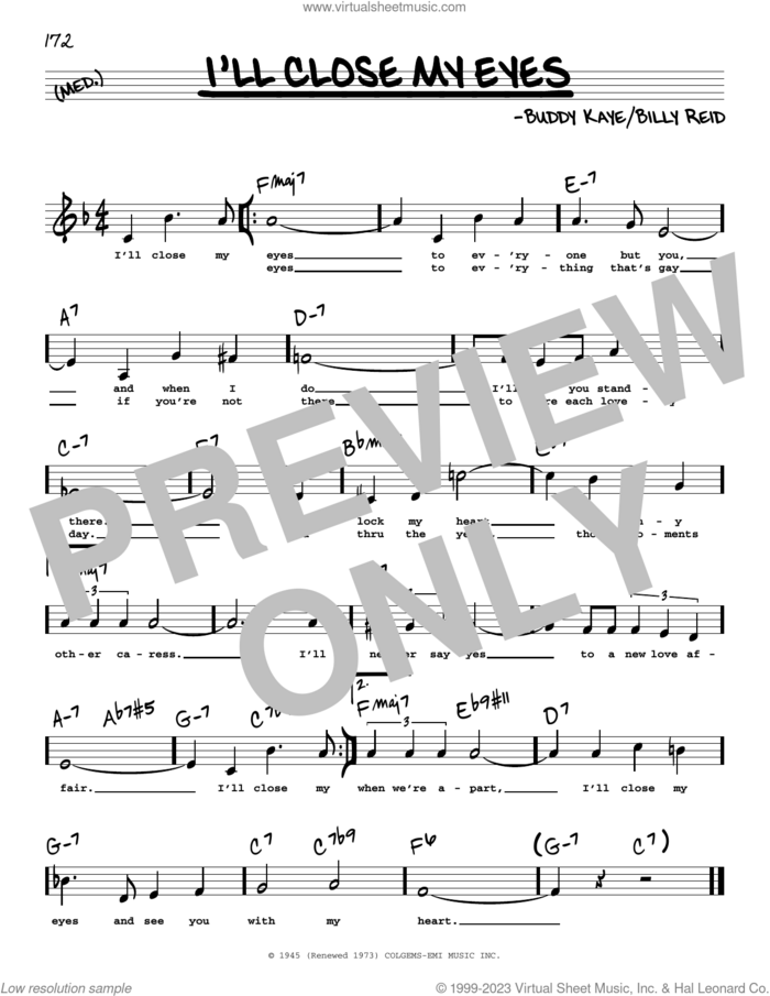 I'll Close My Eyes (Low Voice) sheet music for voice and other instruments (low voice) by Buddy Kaye and Billy Reid, intermediate skill level