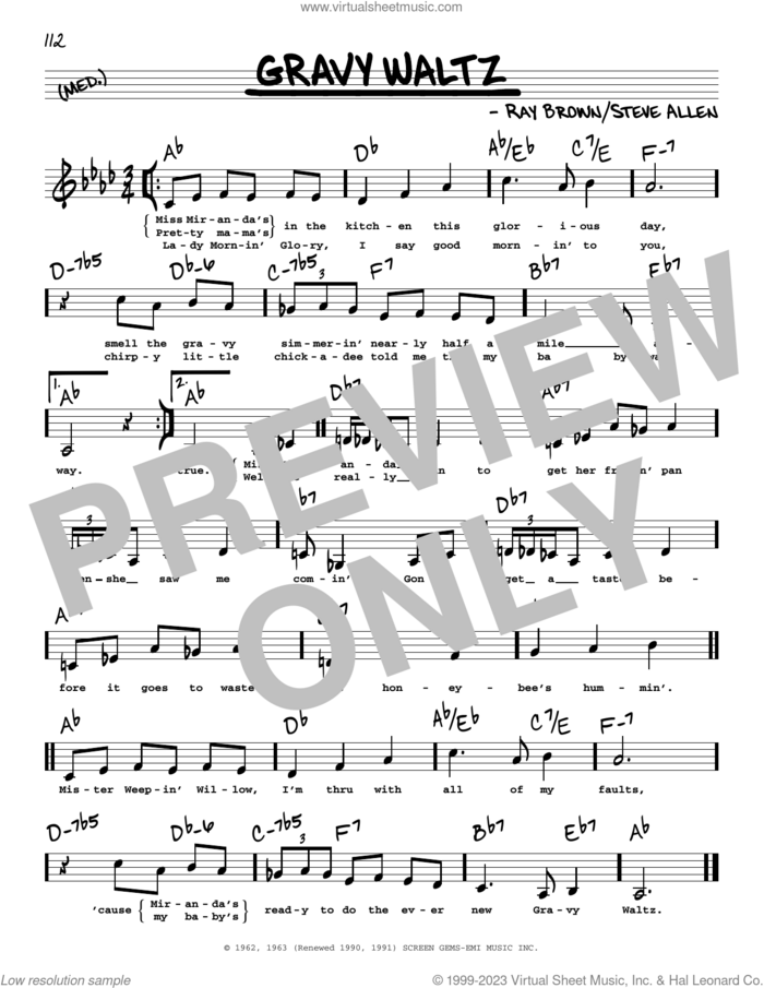 Gravy Waltz (Low Voice) sheet music for voice and other instruments (low voice) by Ray Brown and Steve Allen, intermediate skill level
