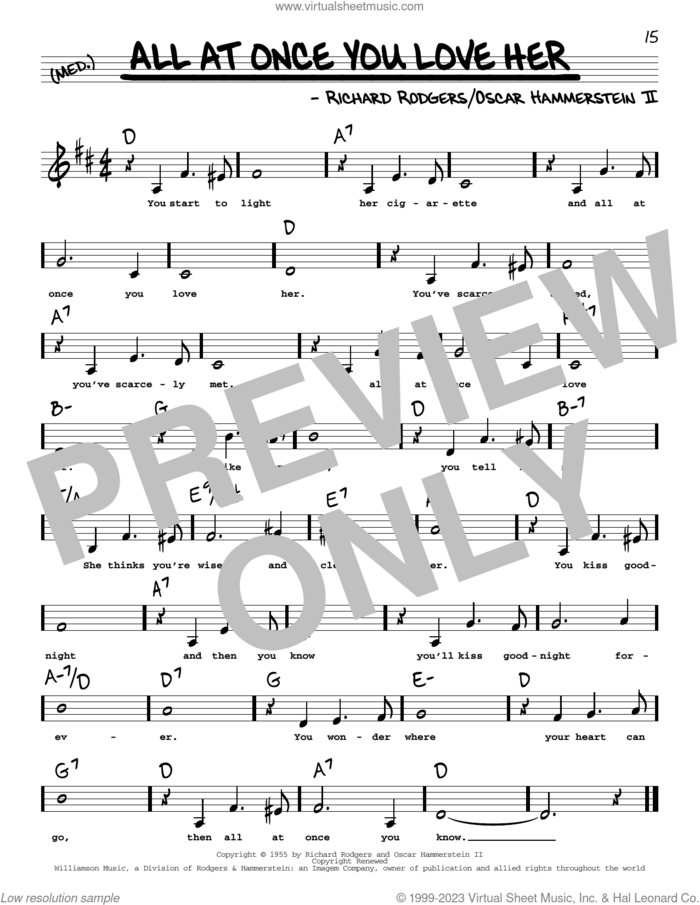 All At Once You Love Her (Low Voice) sheet music for voice and other instruments (low voice) by Richard Rodgers, Perry Como, Oscar II Hammerstein and Rodgers & Hammerstein, intermediate skill level