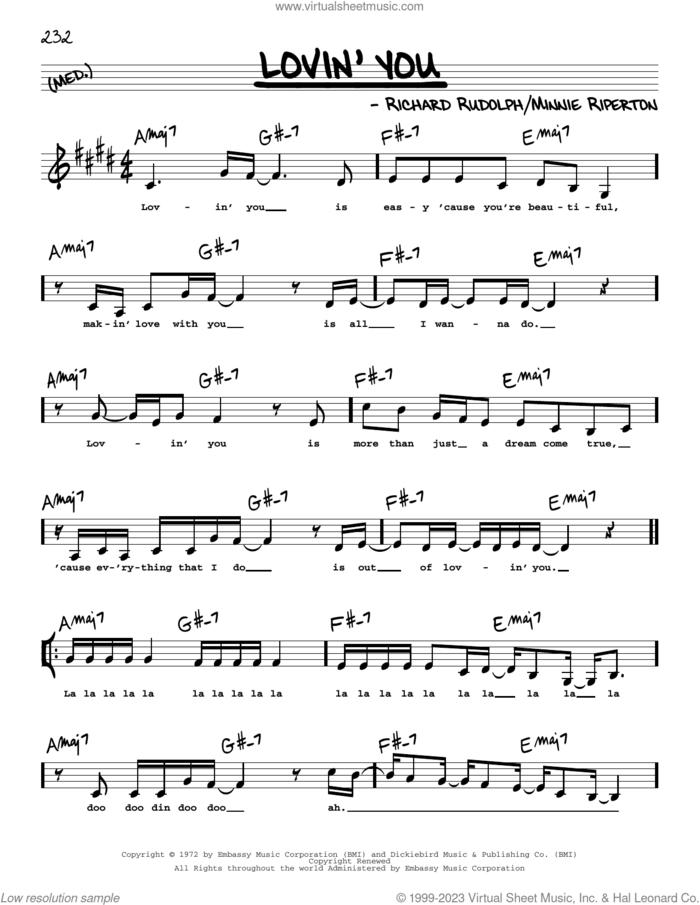 Lovin' You (Low Voice) sheet music for voice and other instruments (low voice) by Minnie Riperton and Richard Rudolph, intermediate skill level