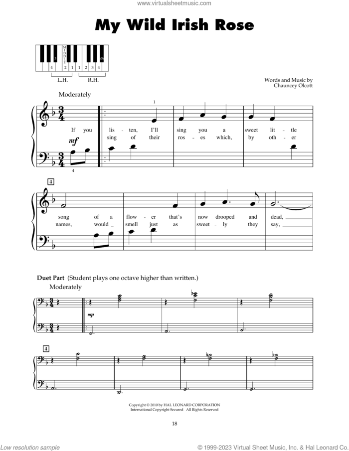 My Wild Irish Rose sheet music for piano solo (5-fingers) by Chauncey Olcott, beginner piano (5-fingers)