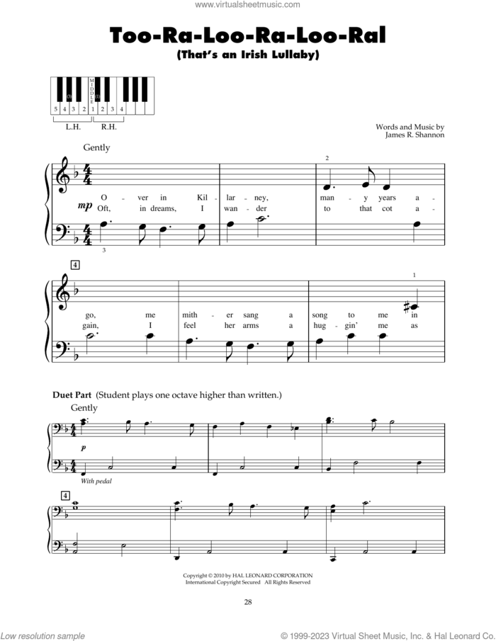 Too-Ra-Loo-Ra-Loo-Ral (That's An Irish Lullaby) sheet music for piano solo (5-fingers) by James R. Shannon, beginner piano (5-fingers)