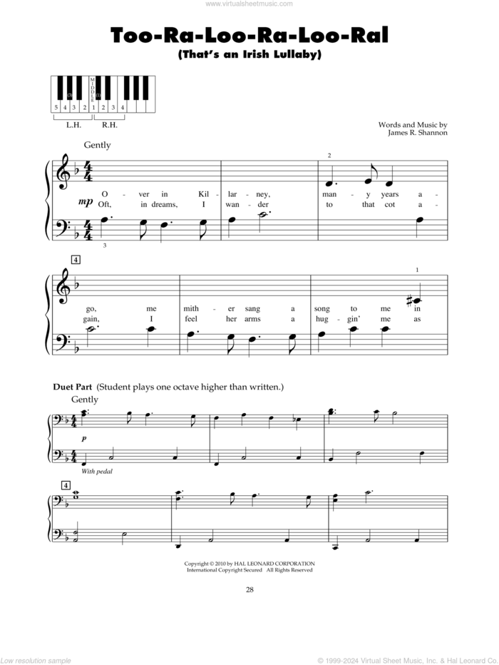 Too-Ra-Loo-Ra-Loo-Ral (That's An Irish Lullaby) sheet music for piano solo (5-fingers) by James R. Shannon, beginner piano (5-fingers)