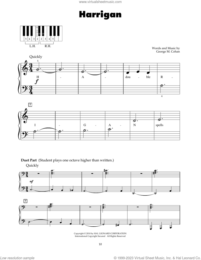 Harrigan sheet music for piano solo (5-fingers) by George M. Cohan, beginner piano (5-fingers)