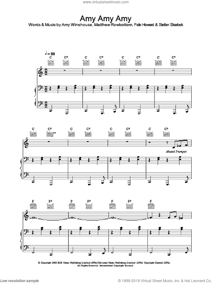 Amy Amy Amy sheet music for voice, piano or guitar by Amy Winehouse, Felix Howard and Matthew Rowbottom, intermediate skill level