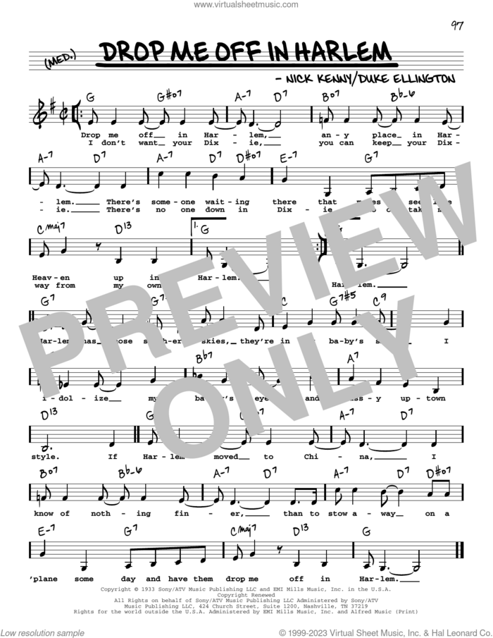 Drop Me Off In Harlem (Low Voice) sheet music for voice and other instruments (low voice) by Duke Ellington and Nick Kenny, intermediate skill level