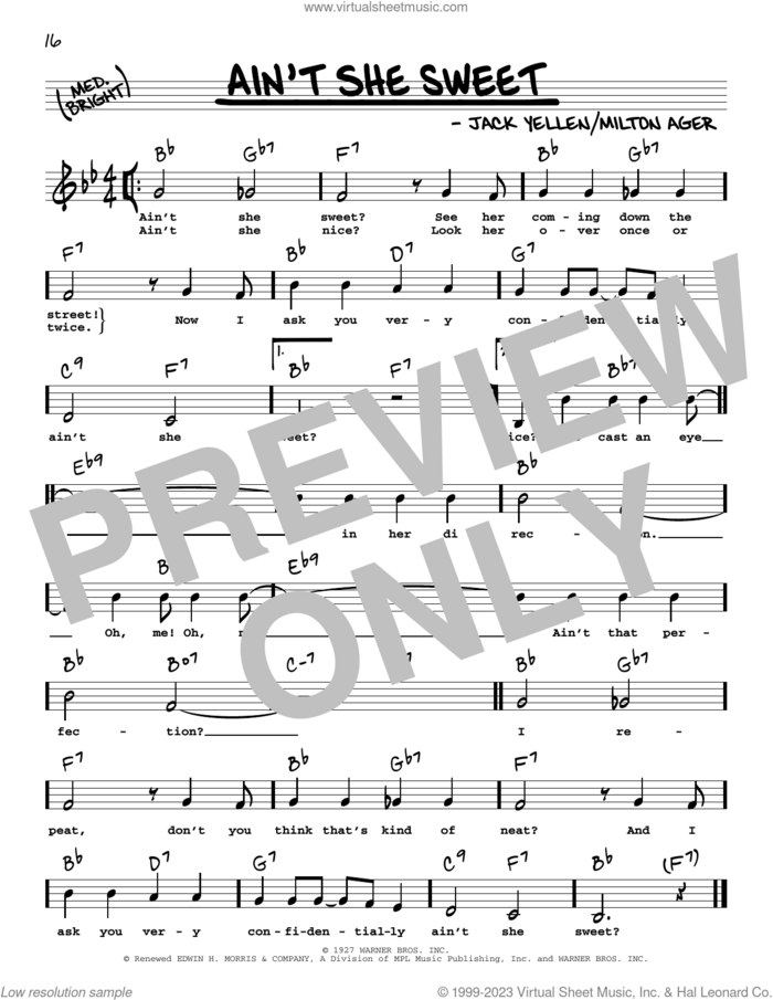 Ain't She Sweet (Low Voice) sheet music for voice and other instruments (low voice) by The Beatles, Jack Yellen and Milton Ager, intermediate skill level