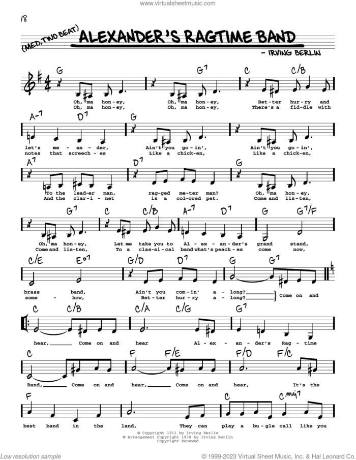 Alexander's Ragtime Band (Low Voice) sheet music for voice and other instruments (low voice) by Irving Berlin, Alice Faye and Emma Carus, intermediate skill level