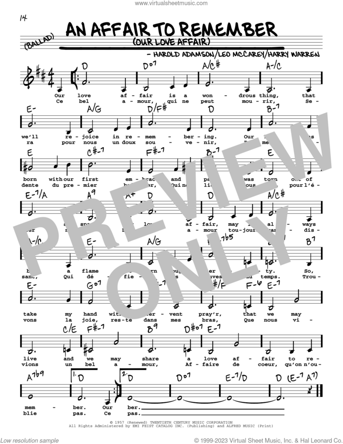 An Affair To Remember (Our Love Affair) (Low Voice) sheet music for voice and other instruments (low voice) by Harold Adamson, Harry Warren and Leo McCarey, intermediate skill level