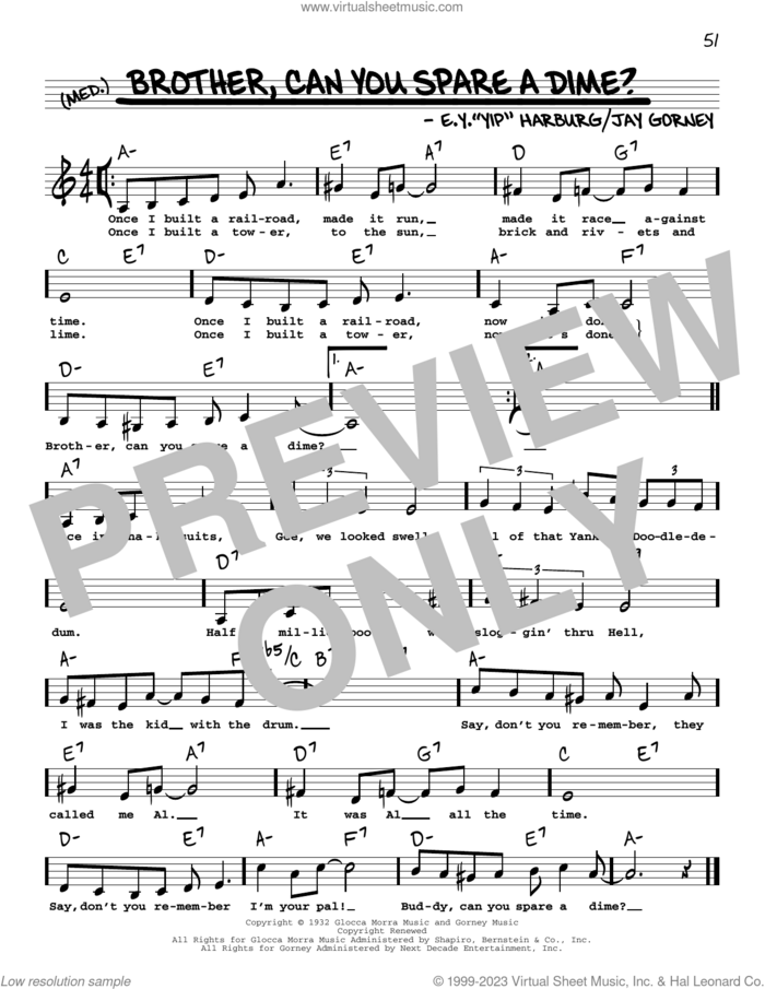 Brother, Can You Spare A Dime? (Low Voice) sheet music for voice and other instruments (low voice) by E.Y. Harburg and Jay Gorney, intermediate skill level