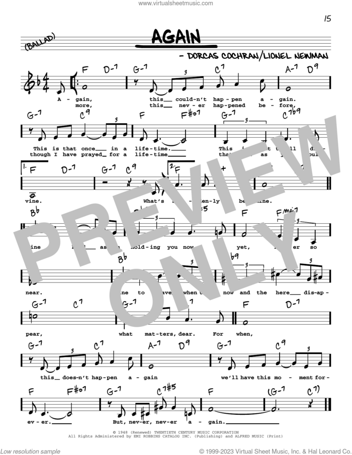 Again (Low Voice) sheet music for voice and other instruments (low voice) by Ida Lupino, Dorcas Cochran and Lionel Newman, intermediate skill level