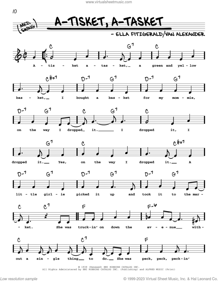 A-Tisket, A-Tasket (Low Voice) sheet music for voice and other instruments (low voice) by Ella Fitzgerald and Van Alexander, intermediate skill level