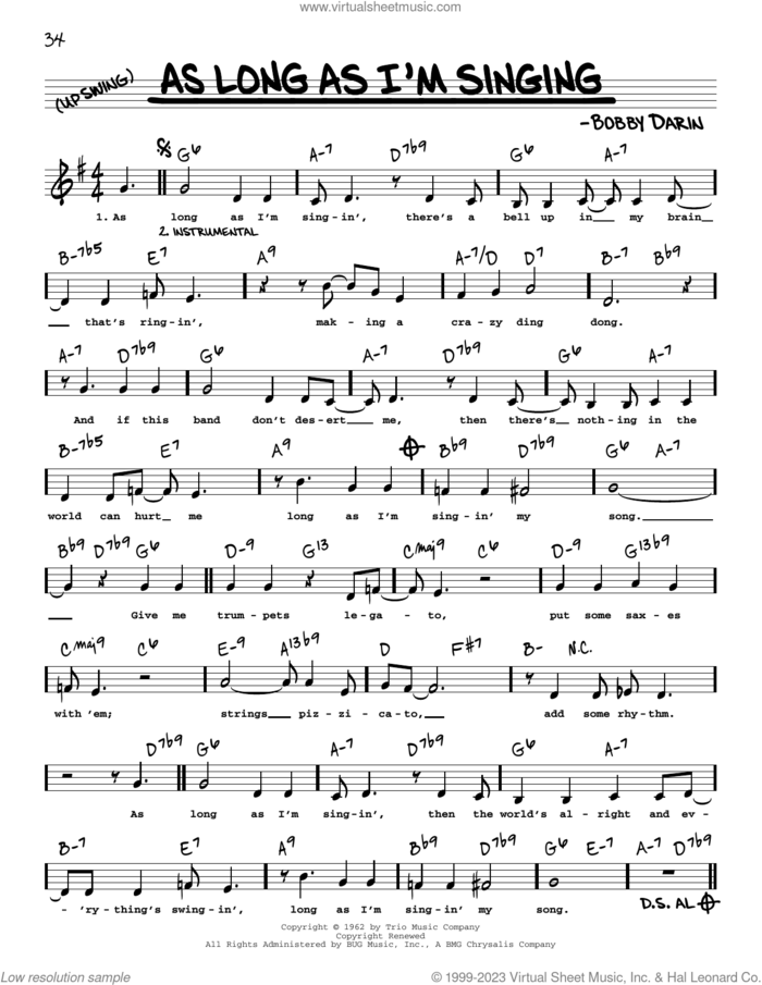 As Long As I'm Singing (Low Voice) sheet music for voice and other instruments (low voice) by Bobby Darin, intermediate skill level