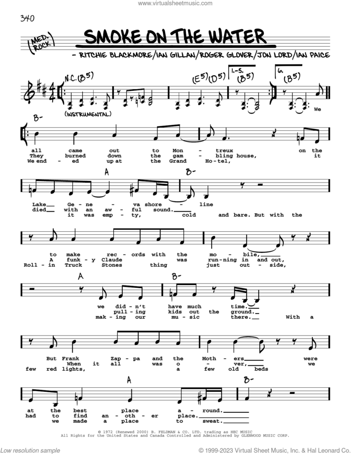 Smoke On The Water (Low Voice) sheet music for voice and other instruments (low voice) by Deep Purple, Ian Gillan, Ian Paice, Jon Lord, Ritchie Blackmore and Roger Glover, intermediate skill level