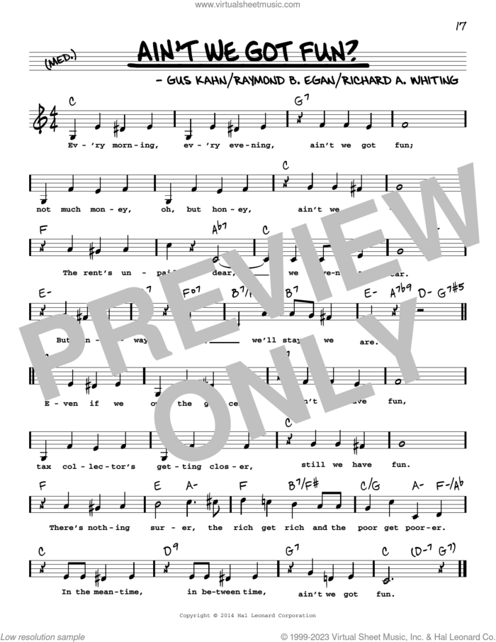 Ain't We Got Fun? (Low Voice) sheet music for voice and other instruments (low voice) by Ruth Roye, Van and Schenck, Gus Kahn, Raymond B. Egan and Richard A. Whiting, intermediate skill level