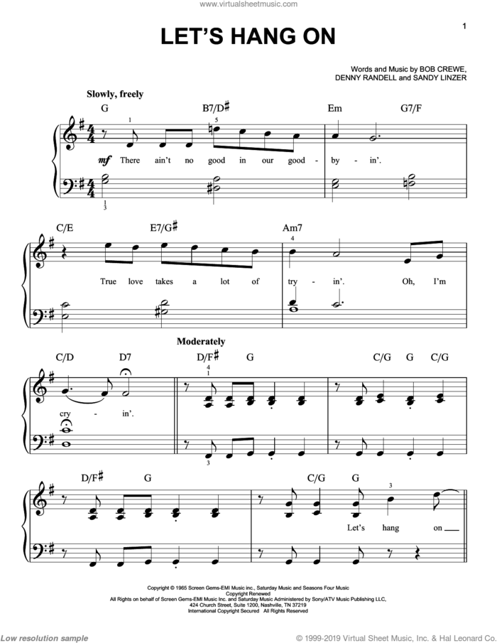 Let's Hang On sheet music for piano solo by Frankie Valli & The Four Seasons, Frankie Valli, Manhattan Transfer, The 4 Seasons, The Four Seasons, Bob Crewe, Denny Randell and Sandy Linzer, easy skill level