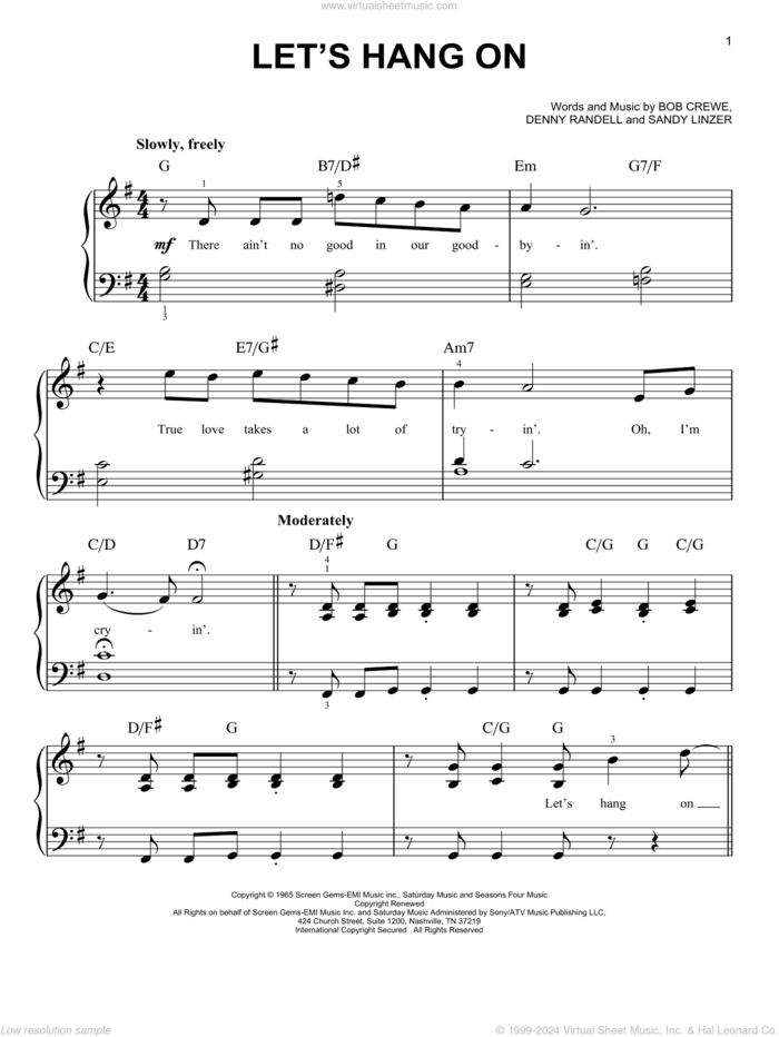 Let's Hang On sheet music for piano solo by Frankie Valli & The Four Seasons, Frankie Valli, Manhattan Transfer, The 4 Seasons, The Four Seasons, Bob Crewe, Denny Randell and Sandy Linzer, easy skill level