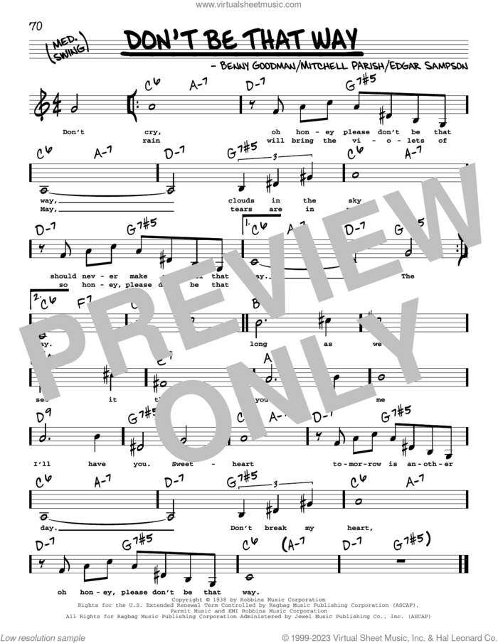 Don't Be That Way (Low Voice) sheet music for voice and other instruments (low voice) by Benny Goodman, Edgar Sampson and Mitchell Parish, intermediate skill level