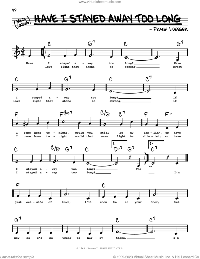 Have I Stayed Away Too Long (Low Voice) sheet music for voice and other instruments (low voice) by Frank Loesser, intermediate skill level