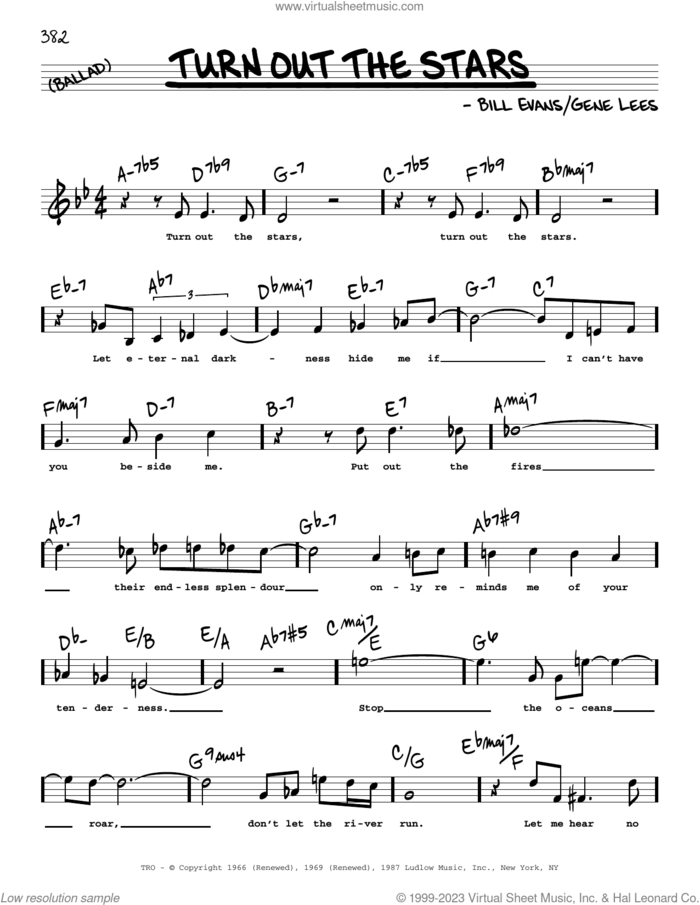 Turn Out The Stars (Low Voice) sheet music for voice and other instruments (low voice) by Bill Evans and Eugene John Lees, intermediate skill level