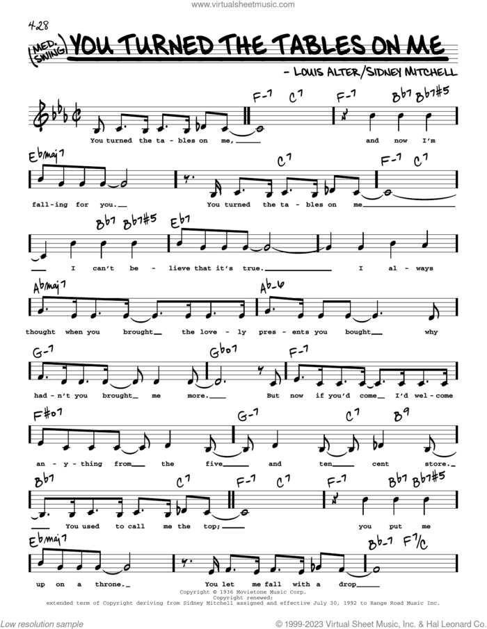 You Turned The Tables On Me (Low Voice) sheet music for voice and other instruments (low voice) by Louis Alter and Sidney D. Mitchell, intermediate skill level