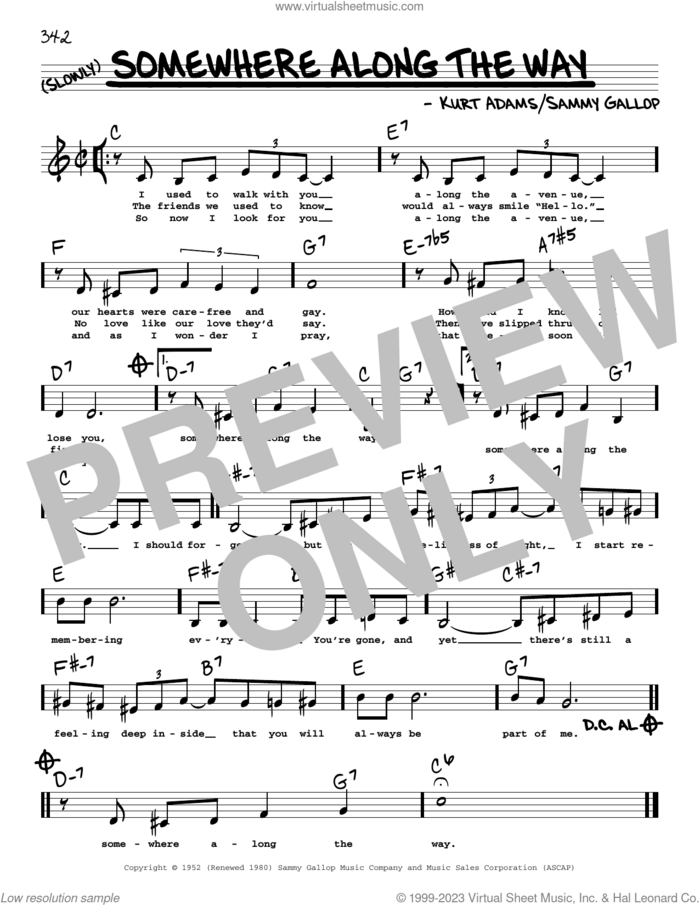 Somewhere Along The Way (Low Voice) sheet music for voice and other instruments (low voice) by Frank Sinatra, Steve Lawrence, Kurt Adams and Sammy Gallop, intermediate skill level