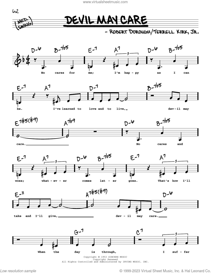 Devil May Care (Low Voice) sheet music for voice and other instruments (low voice) by Bob Dorough and Terrell Kirk, Jr., intermediate skill level