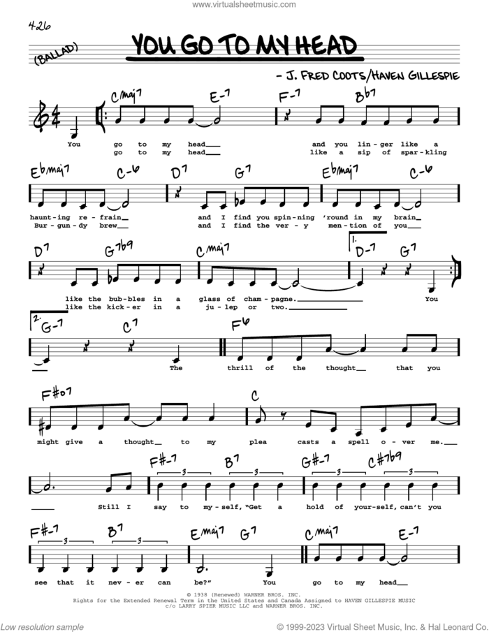 You Go To My Head (Low Voice) sheet music for voice and other instruments (low voice) by Haven Gillespie and J. Fred Coots, intermediate skill level