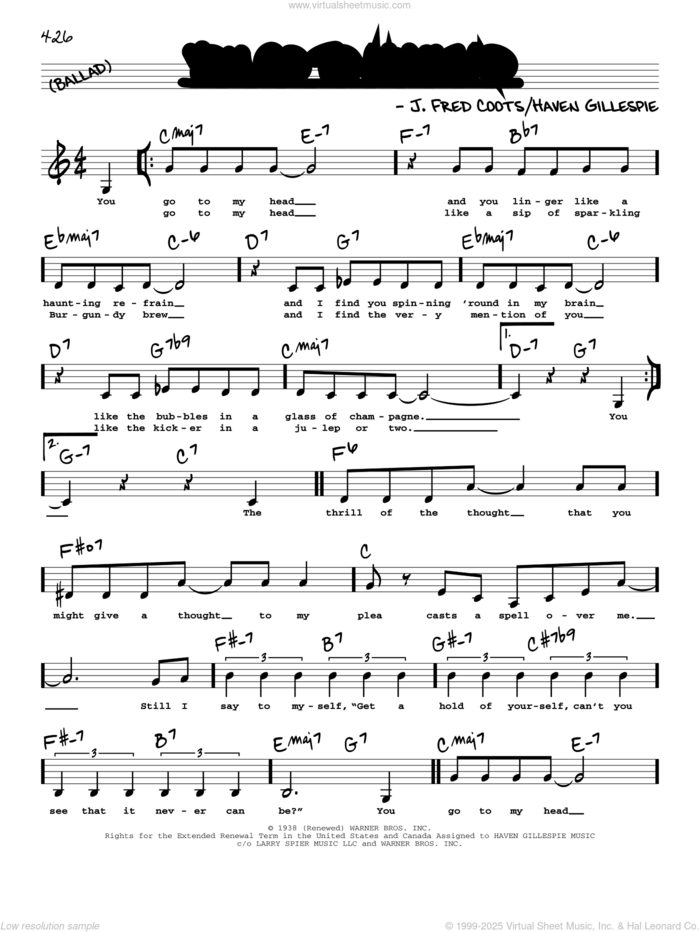 You Go To My Head (Low Voice) sheet music for voice and other instruments (low voice) by Haven Gillespie and J. Fred Coots, intermediate skill level