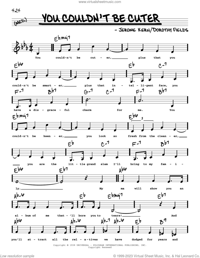 You Couldn't Be Cuter (Low Voice) sheet music for voice and other instruments (low voice) by Dorothy Fields and Jerome Kern, intermediate skill level