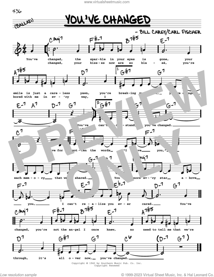 You've Changed (Low Voice) sheet music for voice and other instruments (low voice) by Connie Russell, Bill Carey and Carl Fischer, intermediate skill level