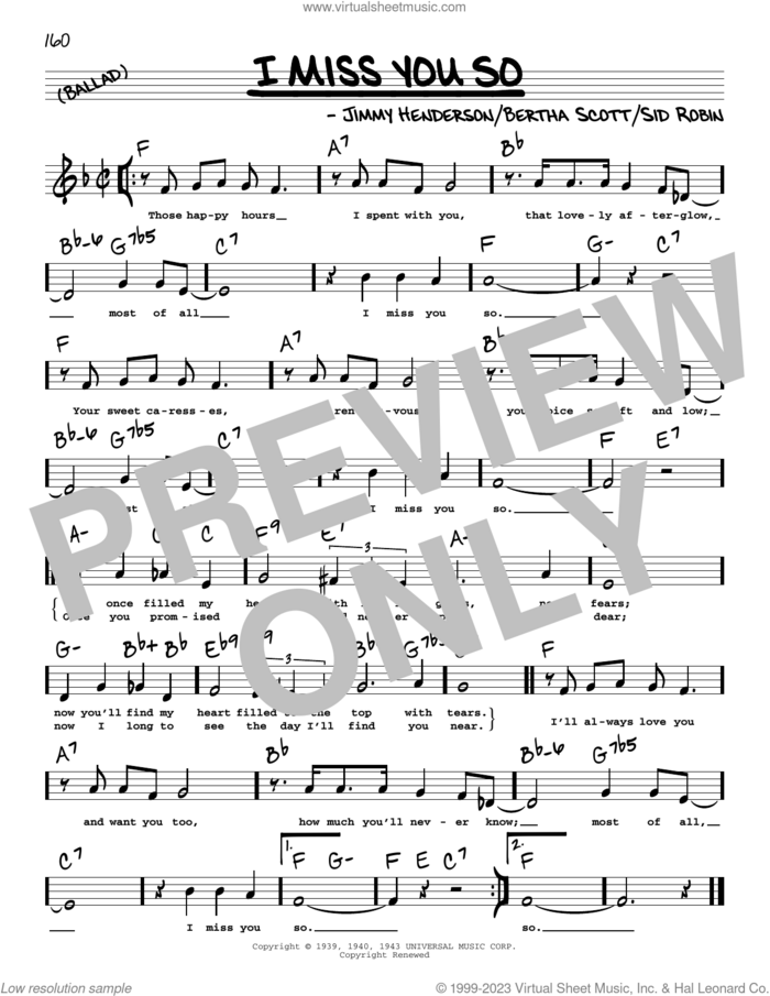 I Miss You So (Low Voice) sheet music for voice and other instruments (low voice) by Bertha Scott, Jimmy Henderson and Sid Robin, intermediate skill level