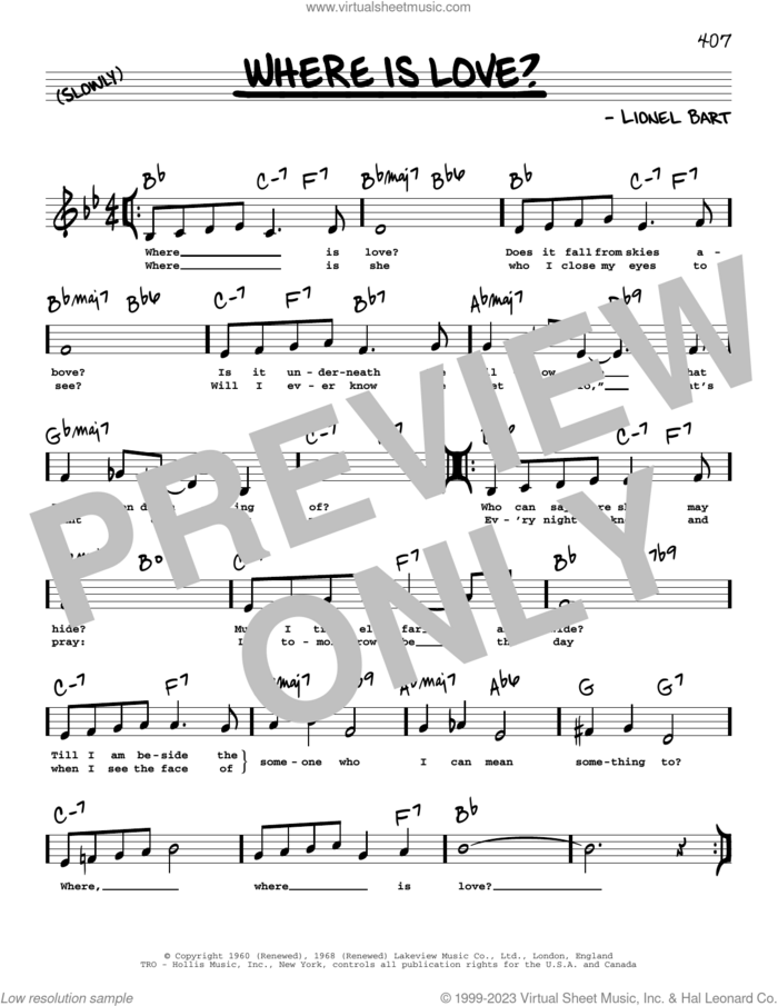 Where Is Love? (Low Voice) sheet music for voice and other instruments (low voice) by Lionel Bart, intermediate skill level