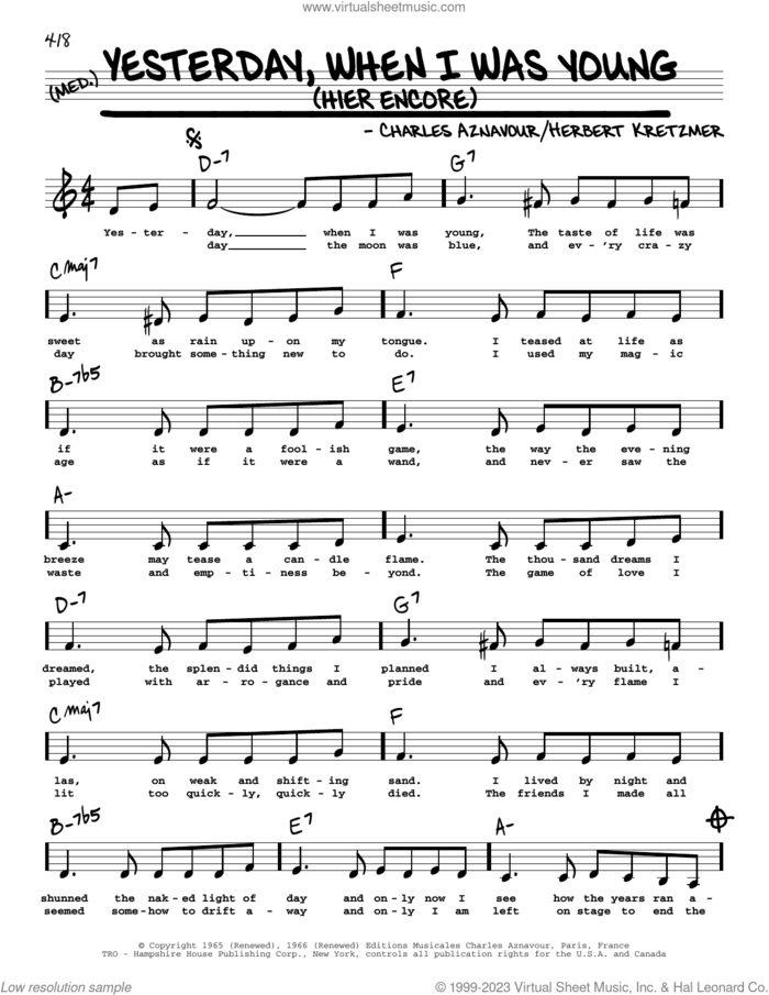 Yesterday, When I Was Young (Hier Encore) (Low Voice) sheet music for voice and other instruments (low voice) by Roy Clark, Charles Aznavour and Herbert Kretzmer, intermediate skill level