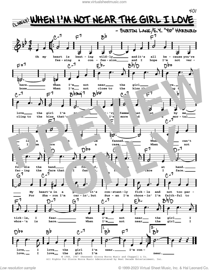 When I'm Not Near The Girl I Love (Low Voice) sheet music for voice and other instruments (low voice) by Burton Lane and E.Y. Harburg, intermediate skill level