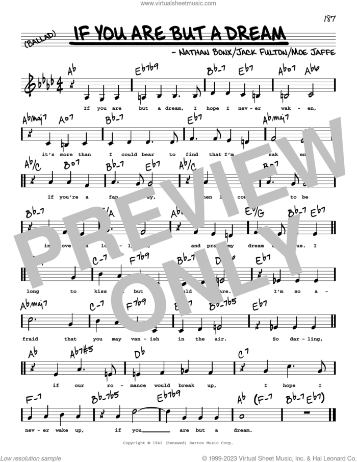 If You Are But A Dream (Low Voice) sheet music for voice and other instruments (low voice) by Frank Sinatra, Sarah Vaughan, Jack Fulton, Moe Jaffe and Nathan Bonx, intermediate skill level